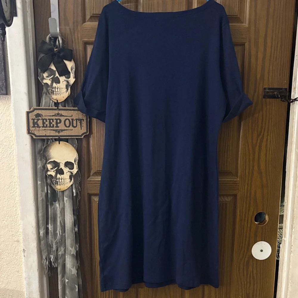100% Cotton Navy Midi T-Shirt Dress- Hemmed Short Sleeves - Picture 5 of 5